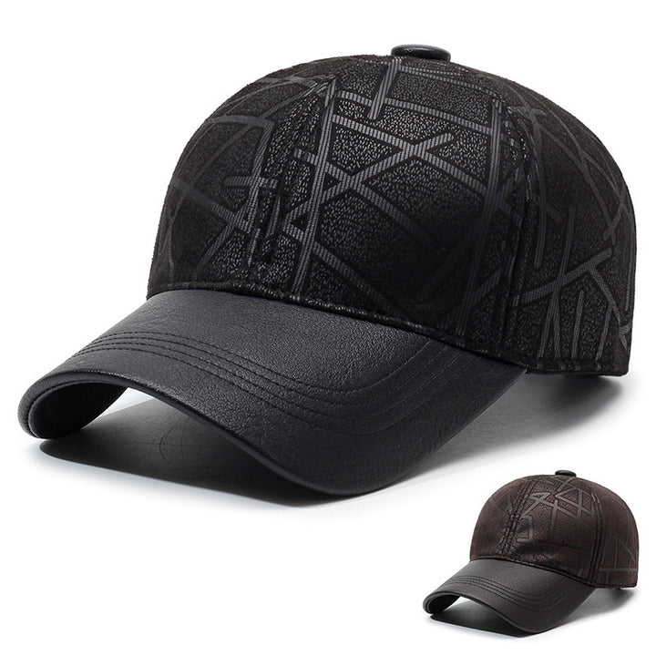 Gorra de Béisbol de Cuero Sintético Elegante para Hombre - Cálida y Estilosa Gorra de Cuero Sintético con Patrón Geométrico en Relieve, Snapback Ajustable para Protección Solar | Ideal para Uso Casual de Otoño e Invierno