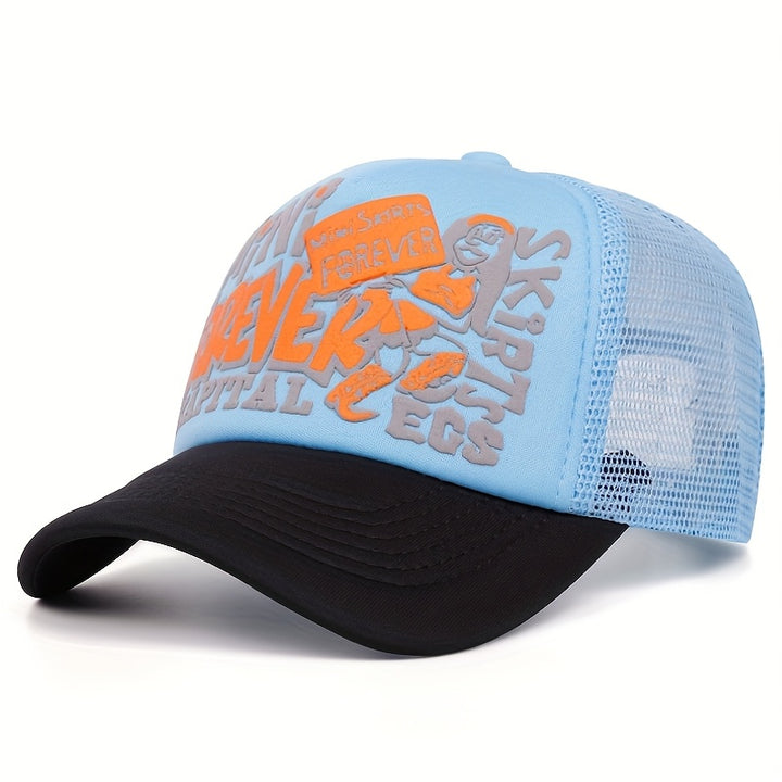 Esta malla ajustable y perforada es apta tanto para hombres como mujeres en estilo hip-hop. Cuenta con letras inglesas e ingeniosos bordados de temática urbana, ideal para deportes al aire libre, ciclismo, conductores de camiones y papás