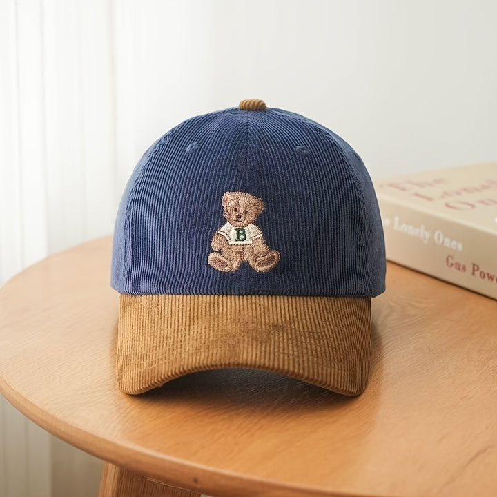 1 Gorra de béisbol unisex de pana con oso bordado y letras B - Diseño patchwork de dos tonos, cierre ajustable con visera