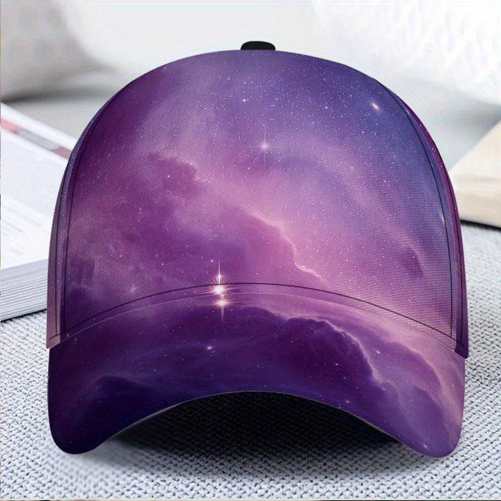 1 gorra de béisbol con estampado 2D de paisaje cósmico púrpura - Estampado vibrante de cuerpo completo, gorra snapback ligera de poliéster, ideal para deportes, running y moda urbana, Ropa Casual,Actividades al Aire Libre,Diseño Funky,Ajuste Cómodo,Sombre