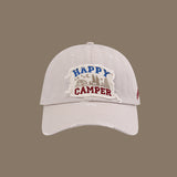 Gorra de Béisbol Happy Camper con Parches - Ajustable con Cierre Snapback, Poliéster Ligero, Diseño Desgastado con Gráficos de Bosque y Fuego de Camping, Ropa Casual Unisex para Aficionados al Exterior