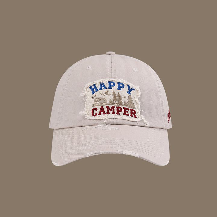 Gorra de Béisbol Happy Camper con Parches - Ajustable con Cierre Snapback, Poliéster Ligero, Diseño Desgastado con Gráficos de Bosque y Fuego de Camping, Ropa Casual Unisex para Aficionados al Exterior
