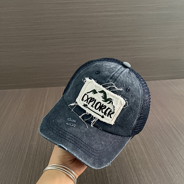 Gorra de Béisbol Retro Lavada para Adolescentes - Sombrero de Malla Transpirable con Ajuste Elástico, Parche de Letras Explore, Camuflaje y Verde para Viajes al Aire Libre en Primavera/Verano y Día de San Patricio