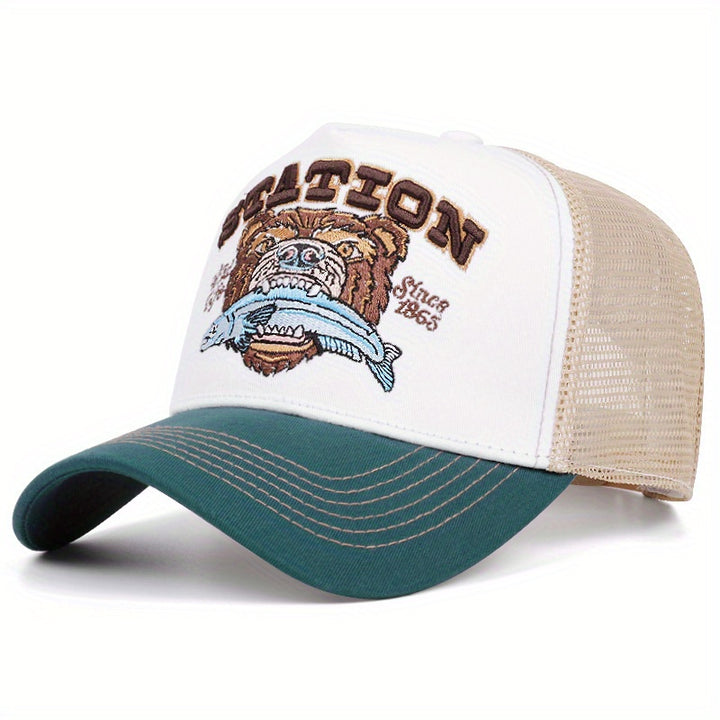 Gorra de béisbol retro americana con estampado de cabeza de oso, unisex, transpirable, malla de contraste, estilo trucker