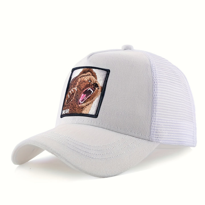 Gorra de basquetbol unisex, con diseño de oso bordado, casual, de poliéster, con parte trasera de malla respirable y cierre ajustable, ideal para verano