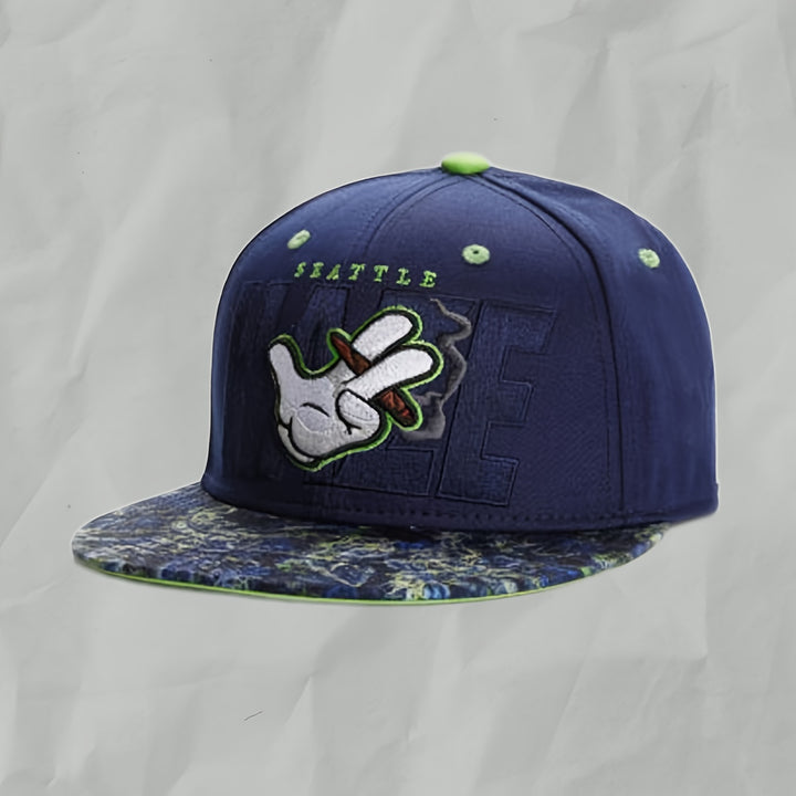 Gorra Snapback Tejida para Hombres de Seattle con Bordado de Nota Musical Verde y Azul y Visera con Gráfico de Nota Musical - Gorra de Visera Plana Ajustable, Ligera y Urbana para Hip Hop, Eventos Deportivos, Mardi Gras y Día de San Patricio - Diseño Crea