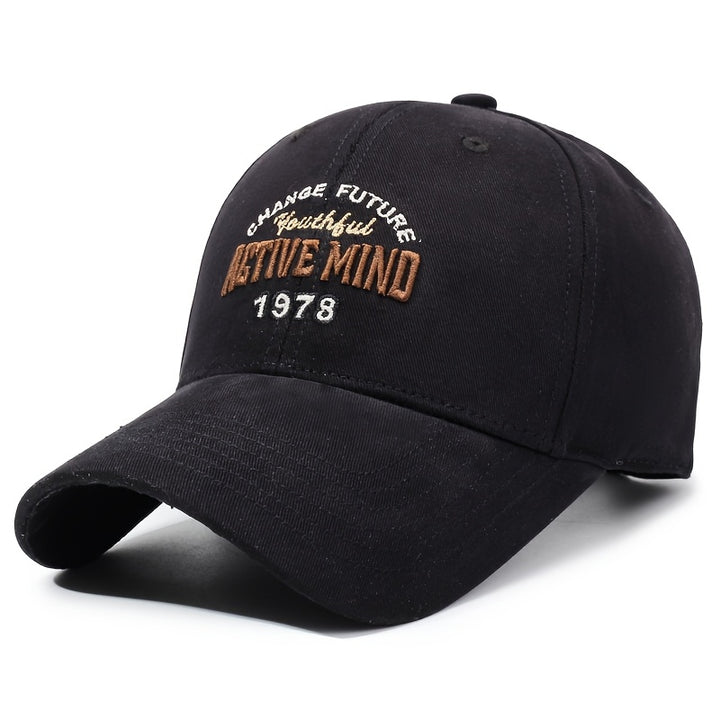 Gorra de Béisbol Unisex con Bordado Retro 'Mind' 1975 en Tono Dorado - Ajuste de Broche, Seis Paneles, Diseño de Fácil Cuidado para Todas las Estaciones, Casual y al Aire Libre