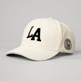 1pc Gorra de béisbol de pana bordada LA, unisex, ajustable, transpirable, sombrero de camionero, sombrero de sol de verano de moda con visera curva para hombres y mujeres, 100% algodón, solo lavar a mano.