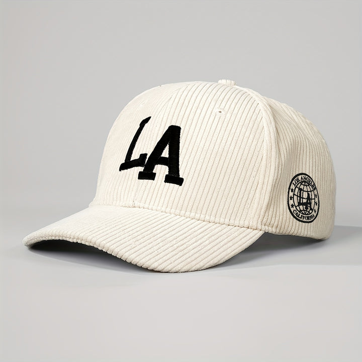 1pc Gorra de béisbol de pana bordada LA, unisex, ajustable, transpirable, sombrero de camionero, sombrero de sol de verano de moda con visera curva para hombres y mujeres, 100% algodón, solo lavar a mano.