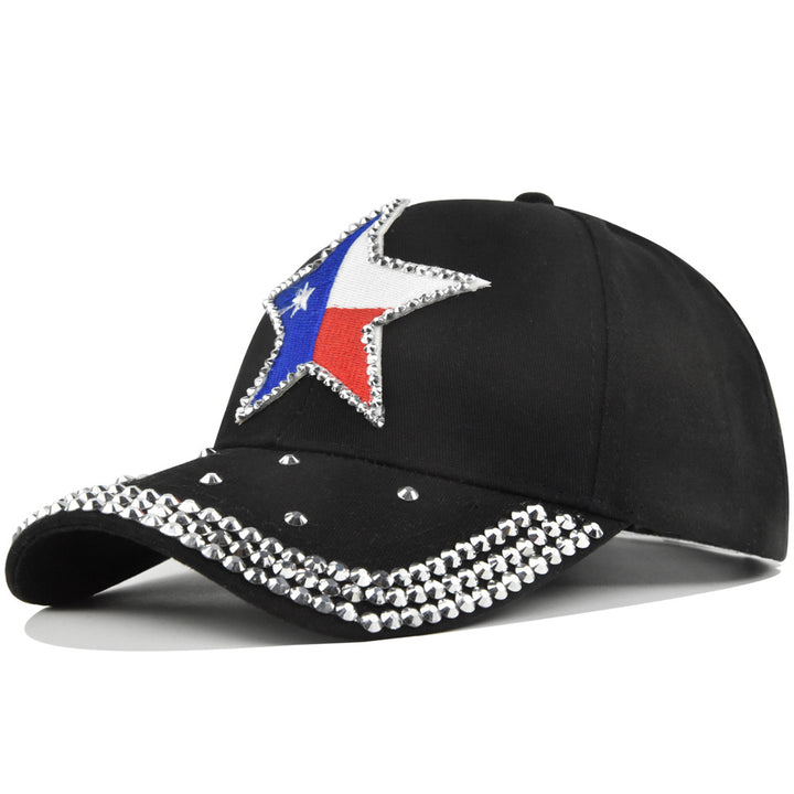 Gorra de béisbol para mujer con la bandera de Texas, estrella de cinco puntas y diamantes - Cierre ajustable con visera, diseño brillante, sombrero de vaquero de lujo para outfits diarios, eventos temáticos y orgullo texano (Negro, Blanco, Azul, Rosa, Mar