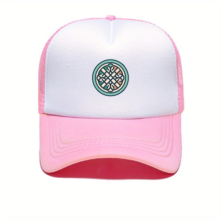 1 gorra de béisbol con nudo celta para hombres y mujeres - Gorra tipo trucker ajustable con patrón verde/blanco/rosa, trasera transpirable en malla, poliéster duradero - Unisex para festivales al aire libre, conciertos, pesca y estilo casual