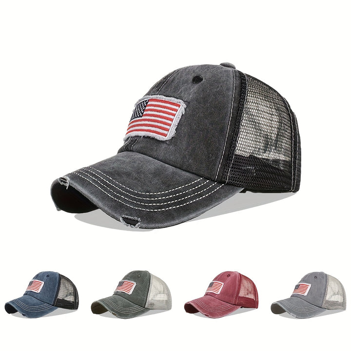 Gorra de béisbol con bandera desgastada y lavada, con soporte para cola de caballo - Gorra de camionero con espalda de malla transpirable, ajustable con cierre para golf, moda de verano con borde curvo para hombres y mujeres, golf Ca.