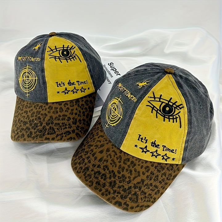 Gorra de béisbol retro Y2K para mujer y hombre - Estampado naranja y camuflado amarillo y leopardo, Snapback ajustable, gorra ligera y transpirable con diseño de ojo dorado