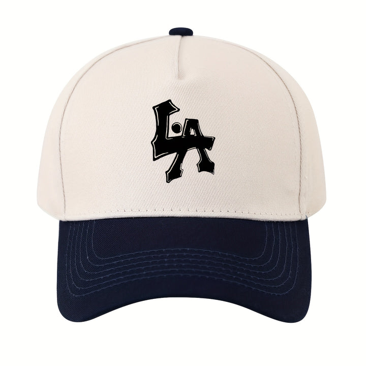 1 gorra de béisbol con estampado de letras LA - ajustable, protección solar, gorra casual para viajes, fiestas en la playa y regalos, poliéster, blanco con ribete negro, ropa de cabeza para exteriores | Gorra deportiva | Gorra ajustable