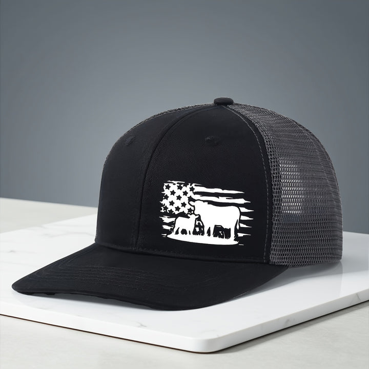 Gorra de malla ajustable con diseño de bandera americana y vaca, sombrero transpirable de 6 paneles para pesca, trabajo en granja y uso casual, tamaño unisex, color café con costura blanca