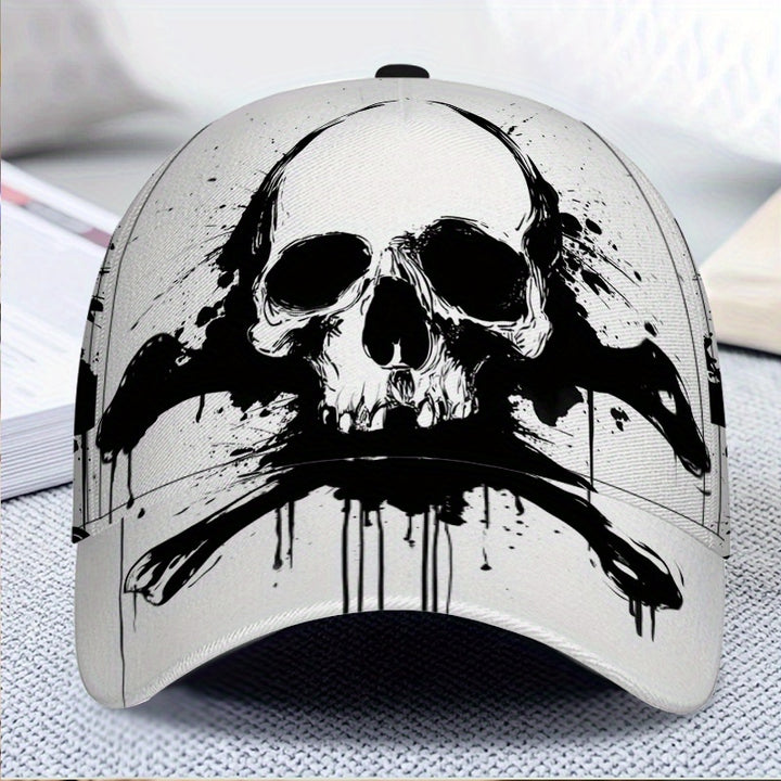 1 pieza Gorra Snapback Ajustable con Estampado de Calavera y Huesos Cruzados en Tinta Goteante 2D - Diseño Vibrante de Cuerpo Completo, Unisex para Streetwear, Deportes, Exteriores, Halloween, Navidad, Acción de Gracias - Gorra Gráfica con Icono Icónico d