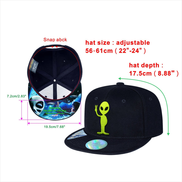 Gorra Snapback Tilgomedal para Hombres y Unisex con Bordado de Calavera Alienígena - Ajustable 30% Lana/70% con Diseño de Alien Verde y OVNI, Visera Plana, Estilo Casual Urbano, Inspirado en la Cultura Pop (Para Fans de Películas de Alien)