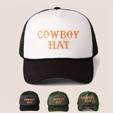 Gorra de béisbol con bordado COWBOY, ajustable con cierre de clic, espalda de malla transpirable, ligera y elegante para mujeres, golf y uso casual - Blanco con letras naranjas, borde negro, perfecta para la moda de verano, sombrero de vaquero.