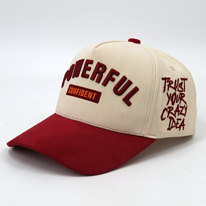 Gorra tipo gamuza suave con letras motivacionales (confianza/poder/seguridad) - gorra casual beige y roja, diseño con eslogan para aumentar la confianza, lavable a mano para uso casual y entrevistas