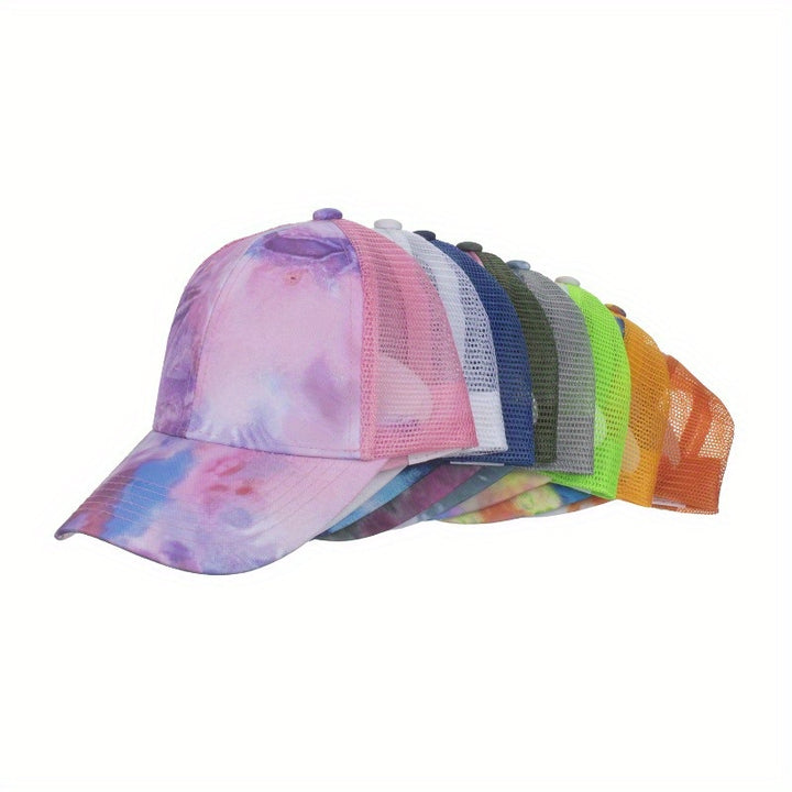 Gorra de Béisbol con Estampado Tie-Dye y Malla Bordada para Hombre y Mujer, Ideal para Primavera y Verano