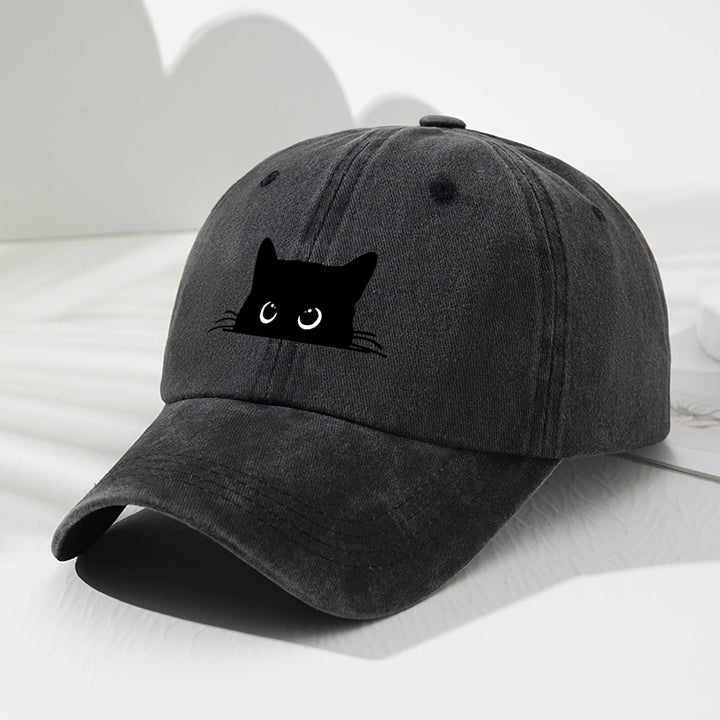 Gorra de béisbol negra para mujer con diseño de lindo rostro de gato - Snapback ajustable transpirable, orejas de gato juguetonas y ojos expresivos, sombrero casual duradero para otoño e invierno, gorro urbano para el día a día para mujeres
