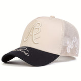 Gorra de béisbol bordada con llama lateral de malla para hombres, 100% poliéster, estilo deportivo, ligero, ajustable, con lavado a mano para al aire libre, viajes y vacaciones