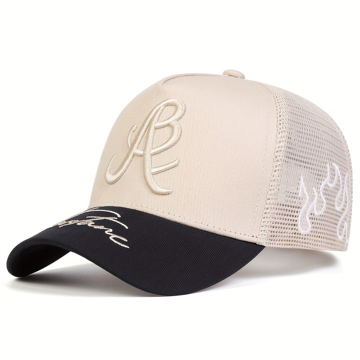 Gorra de béisbol bordada con llama lateral de malla para hombres, 100% poliéster, estilo deportivo, ligero, ajustable, con lavado a mano para al aire libre, viajes y vacaciones