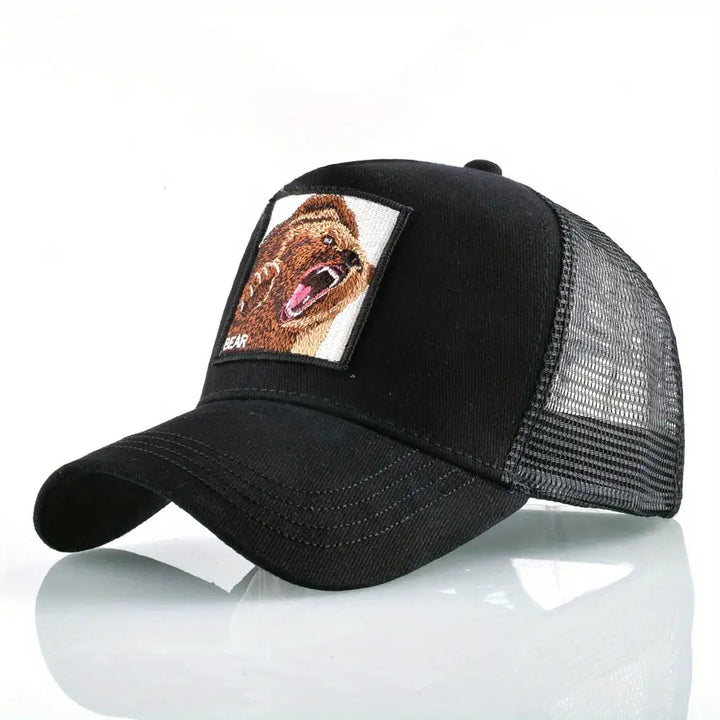 Gorra Trucker Unisex con Diseño de Cara de Oso Adornado - Parte Trasera de Malla Transpirable y Cierre Ajustable con Broche, Gorra de Béisbol de Poliéster con Parche de Oso Pardo, Gorra Casual de Verano para Hombres y Mujeres, Duradera y Cómoda para Depor