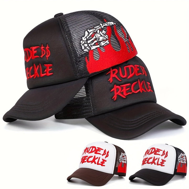 Gorra Snapback con bordado de letras y patrón de mano esquelética lateral para hombres, estilo neutro, gorra de malla transpirable para mujeres, tejido de tela