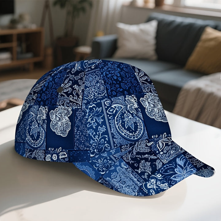 1 Gorra de Béisbol Azul Marino y Blanca con Estampado Paisley - Correa Ajustable, Clásica para Hombres, Ideal para Eventos Formales y Casuales - Sombrero Diario No Eléctrico para Halloween, Navidad, Acción de Gracias, Fiestas, Diseño de Patchwork, Constru