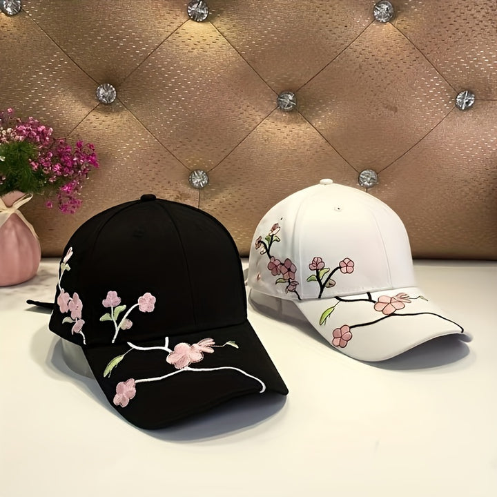 Gorra de béisbol elegante con bordado de flores de ciruelo, 100% algodón, estilo casual, diseño versátil en blanco y negro, para hombres y mujeres