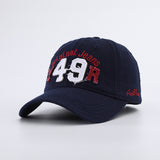 Gorra de Béisbol Retro Americana Vintage con Bordado 3D de Letras '49R' y Jeans, Ajustable con Snapback, Sombrero Azul Marino para Looks Casuales y Navideños