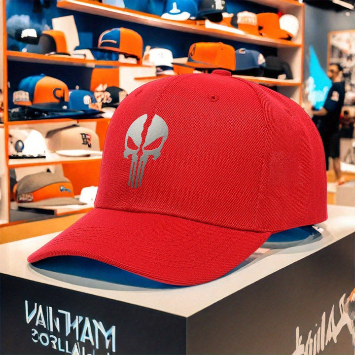 Gorra de Béisbol para Mujer con Estampado de Calavera Punisher - Ajustable, Ligera y Transpirable de Poliéster, Ideal para  y Senderismo, Negra con Estampado Blanco, Diseño Moderno de Estilo Urbano para Comodidad Todo el Año. Tejido de Tela