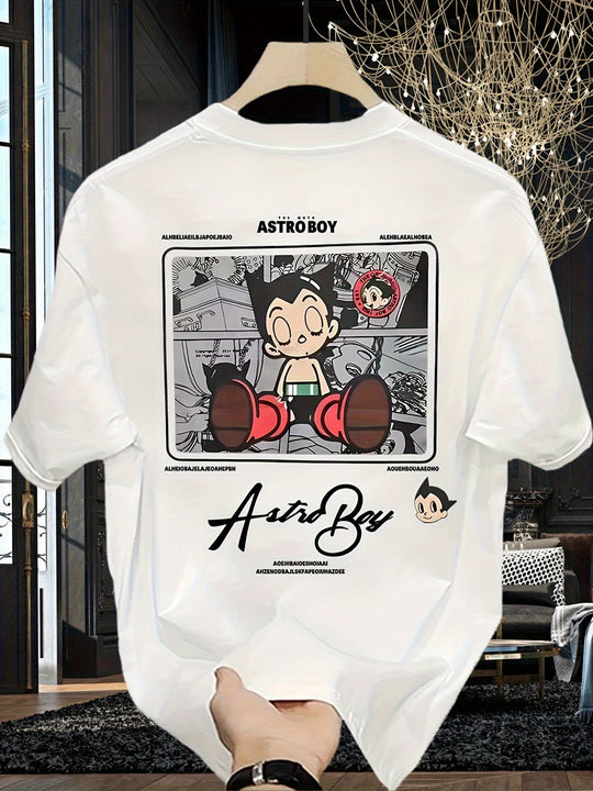 Camiseta casual de verano para hombre con estampado gráfico de Astro Boy, camiseta negra de manga corta, tejido no elástico, cuello redondo, ajuste holgado, perfecta para ropa casual, camiseta de uso diario | Camiseta con cuello redondo | Ajuste cómodo, c