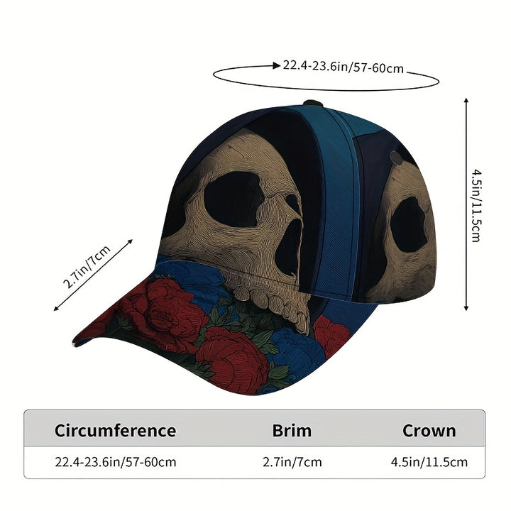 1pc Gorra Gótica Floral - Gorra Ajustable con Calavera, Poliéster Ligero para Halloween, Streetwear, Deportes - Rosas Rojas y Fondo Oscuro, Estilo Casual, Diseño Vibrante 2D Plano, Moda Gótica para Hombres