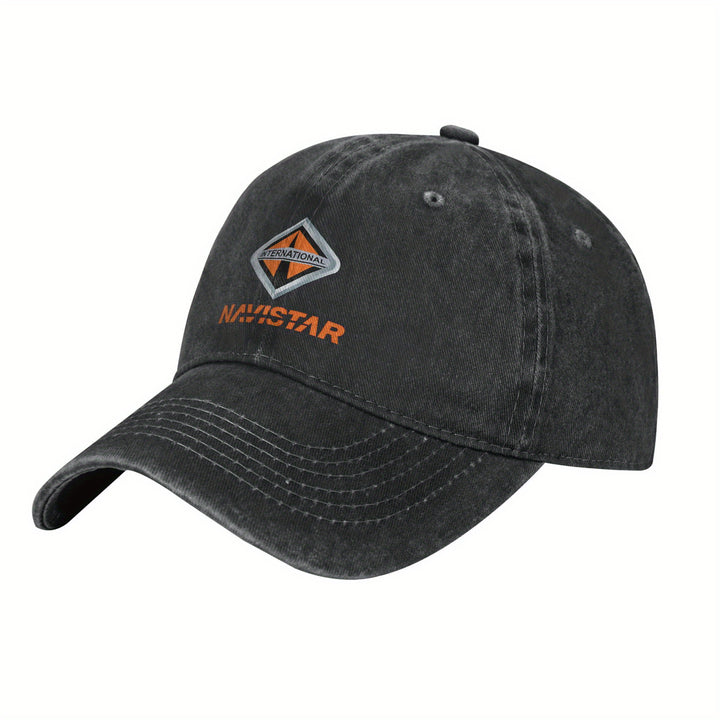 Gorra de béisbol internacional Navistar 2025 - Negro lavado con logotipo rojo y naranja, algodón transpirable, ajuste ajustable para deportes al aire libre, golf, running - Regalo elegante para hombres y mujeres