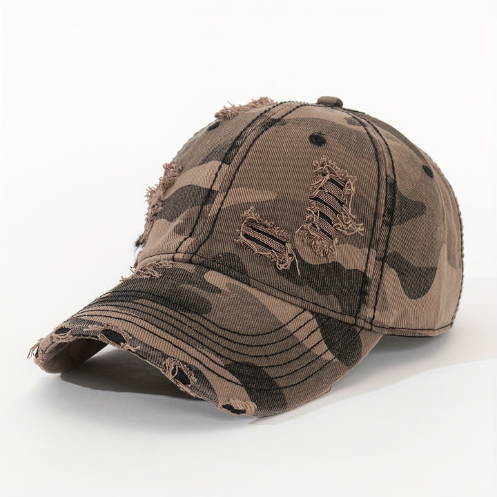 1 gorra de béisbol para hombre con estilo desgastado, camuflaje, estampado de vaca y manchas de leopardo - Gorra ligera de estilo urbano, estilo deshilachado para looks casuales, escuela, citas - Textura lavada (tejido sin elasticidad) - Ideal para la vue