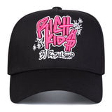 Gorra de béisbol ajustable para mujer - Estilo negro con 'BILLS FIGHT' y grafiti rosa, protección solar, poliéster transpirable, ideal para actividades al aire libre en primavera y otoño, viajes, vacaciones en la playa.