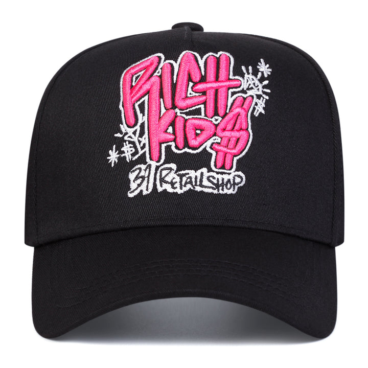 Gorra de béisbol ajustable para mujer - Estilo negro con 'BILLS FIGHT' y grafiti rosa, protección solar, poliéster transpirable, ideal para actividades al aire libre en primavera y otoño, viajes, vacaciones en la playa.
