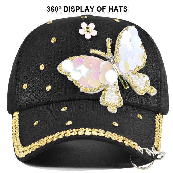 Gorra de béisbol blanca estilo punk para mujer con mariposa de diamantes de imitación brillantes y hebilla de anillo de metal - Cierre ajustable snapback, visera adornada en 3D, ajuste sin elasticidad para fiestas, escenarios, atuendos diarios - Sombrero