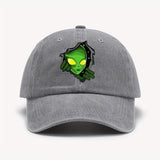 1pc Gorra de Béisbol con Temática Alienígena ATHACER - Retro Lavado Negro, Sombrero de Sol Desgastado con Gráfico de Alien Verde, Ajuste Ajustable, Poliéster Ligero, Ideal para Halloween y Moda al Aire Libre para Hombres y Mujeres, Accesorio para la Cabez