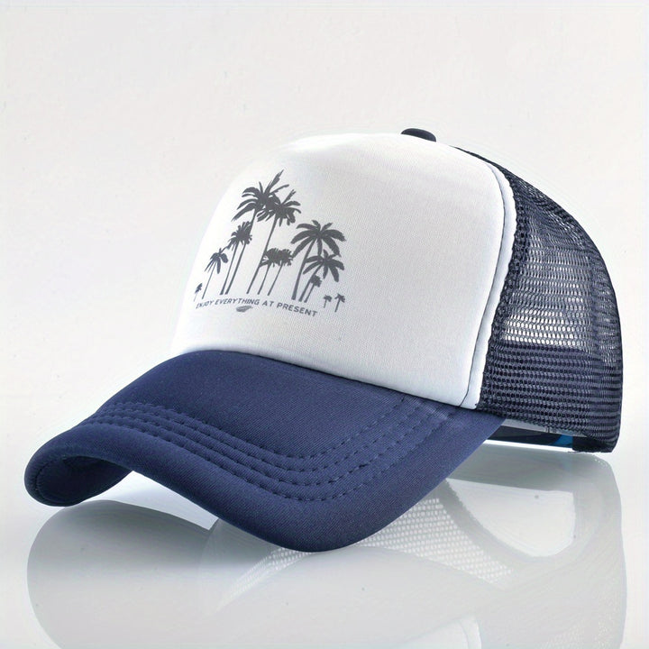 Gorra de béisbol de malla con patrón de árbol de coco, ajustable con cierre de clic, poliéster transpirable para hombres y mujeres, sombrero casual para vacaciones al aire libre, accesorio de playa.