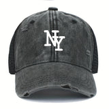 Gorra de camionero de malla desgastada con estampado de NY para hombre - Gorra de béisbol ligera, transpirable, con cierre de snapback, gris, gorra de béisbol