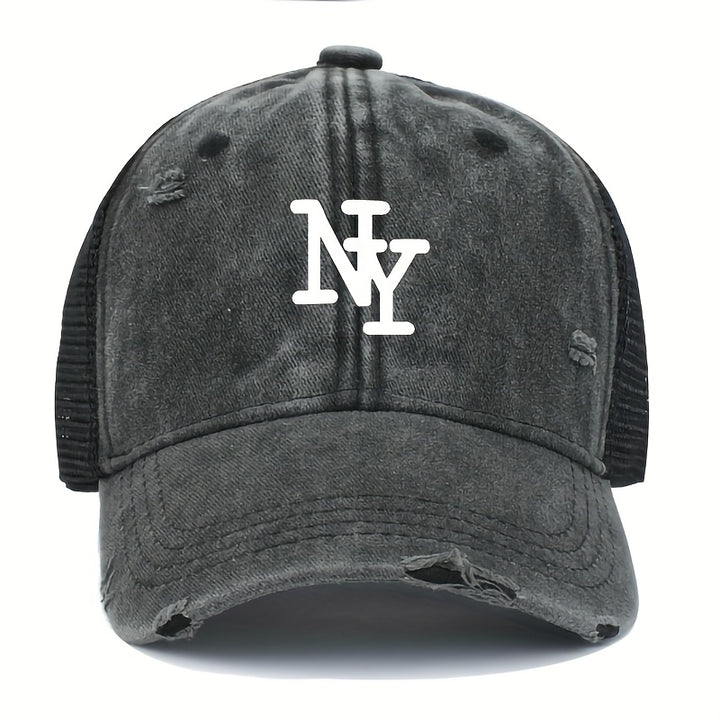 Gorra de camionero de malla desgastada con estampado de NY para hombre - Gorra de béisbol ligera, transpirable, con cierre de snapback, gris, gorra de béisbol