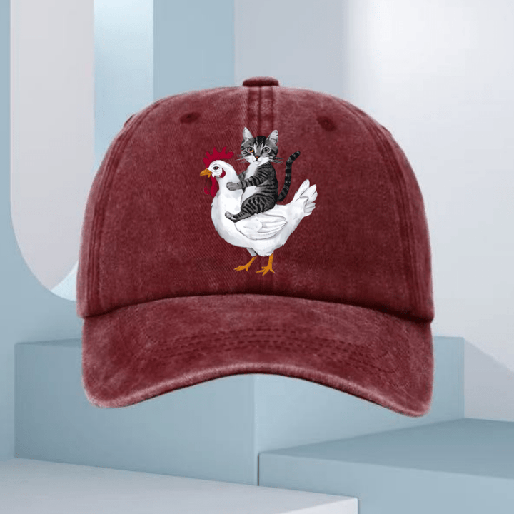 Gorra de Béisbol Ajustable para Hombre con Estampado de Gato y Pollo - Azul Marino, Tejido Suave y Correa Ajustable, Diseño Divertido, Ropa Casual, Gorra Única, Accesorio Duradero