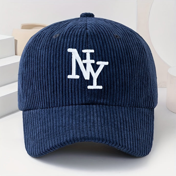 Gorra ajustable NY con logo bordado, unisex, negra/blanca tipo pana, ligera y abrigada para invierno y todo clima, bordado temático NY, regalo casual para fans (lavable a mano)