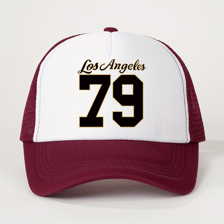 1 Gorra de Malla Estampada Los Ángeles 79 para Todas las Estaciones, Sombrero de Béisbol Unisex Transpirable Ajustable con Visera Curva para Golf y Moda Veraniega para Mujeres, Gorra de Camionero Y2K para Parejas, Gorra de Papá