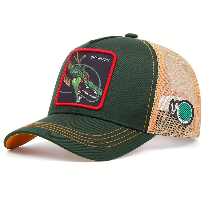 Gorra de Camionero  con Logo de Shenron y Emblema de Dragón - Verde//Amarillo, con Etiqueta de Nombre de Shenron, Cierre de Broche, Malla Ligera para Hombres y Mujeres, Fans de Manga, Eventos Temáticos