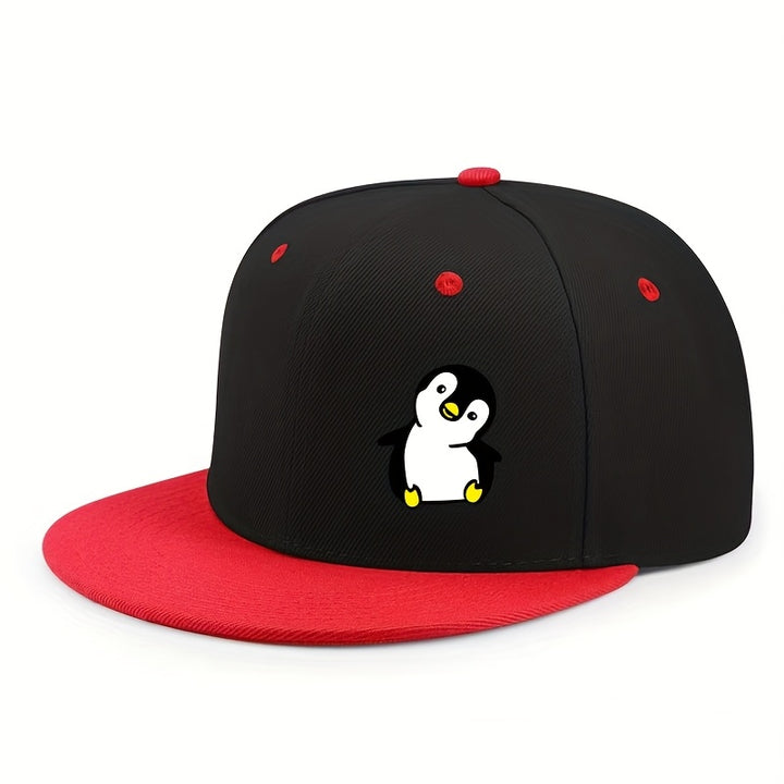 Gorra Plana Unisex de Hip-Hop con Estampado de Pingüino Urbano, Color Sólido y Ajustable para Exteriores