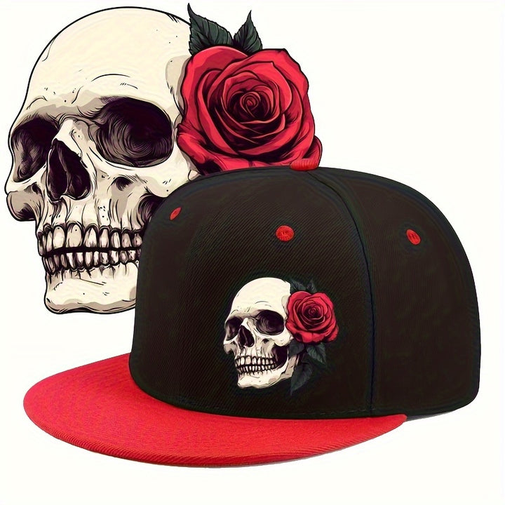 2D Plano - Un sombrero 2D plano con diseño de rosas y calaveras, con una borla lisa de color sólido, lo que lo convierte en una excelente opción de regalo para cualquier persona.